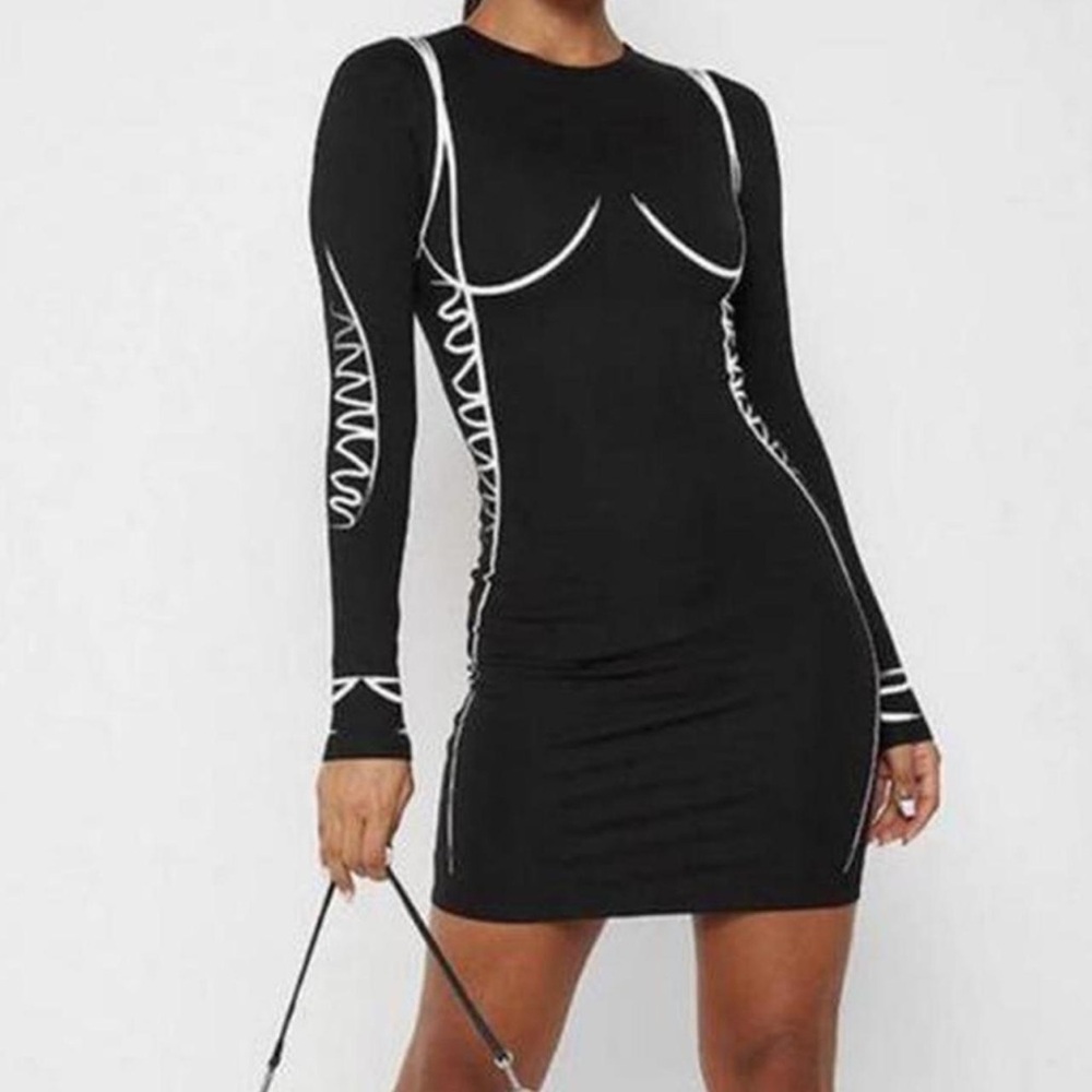 Maniere De Voir Black Body-Con Mini Dress with White Contrast Piping size 12